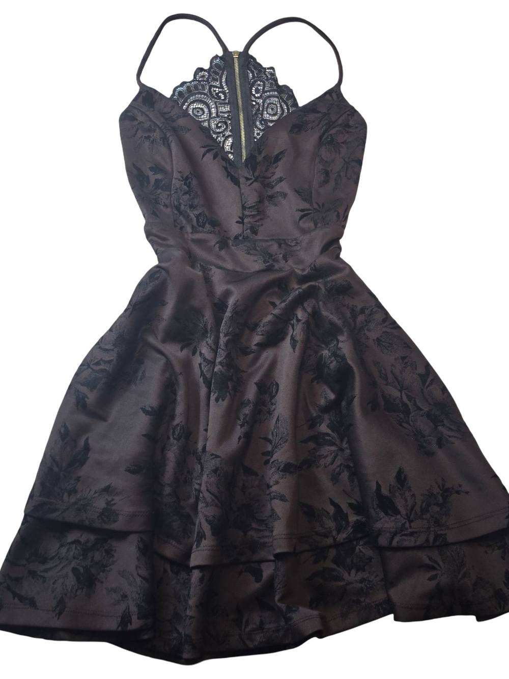 Windsor Brown Black Floral Lace Tiered Mini Dress Size M Dark Romantic